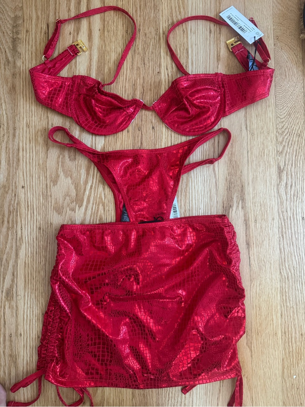 Nasty Gal Red Metallic Underwire Bra & Corset Bikini Set w/ Skirt - 3 pieces NWT